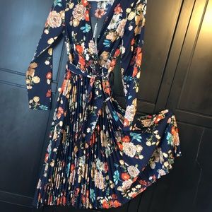 navy floral long sleeve pleated midi dress